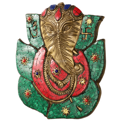 Brass Ganesha on Leaf Wall Hanging with Stonework - 8.5x7 inch