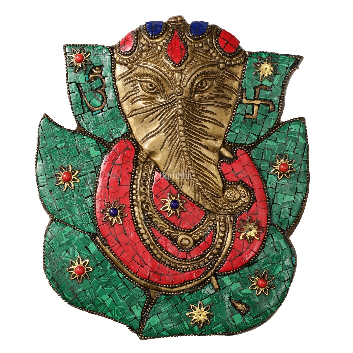 Brass Ganesha on Leaf Wall Hanging with Stonework - 8.5x7 inch
