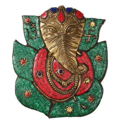 Brass Ganesha on Leaf Wall Hanging with Stonework - 8.5x7 inch