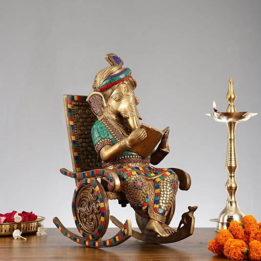 Brass Ganesha reading sitting on Chair 17"