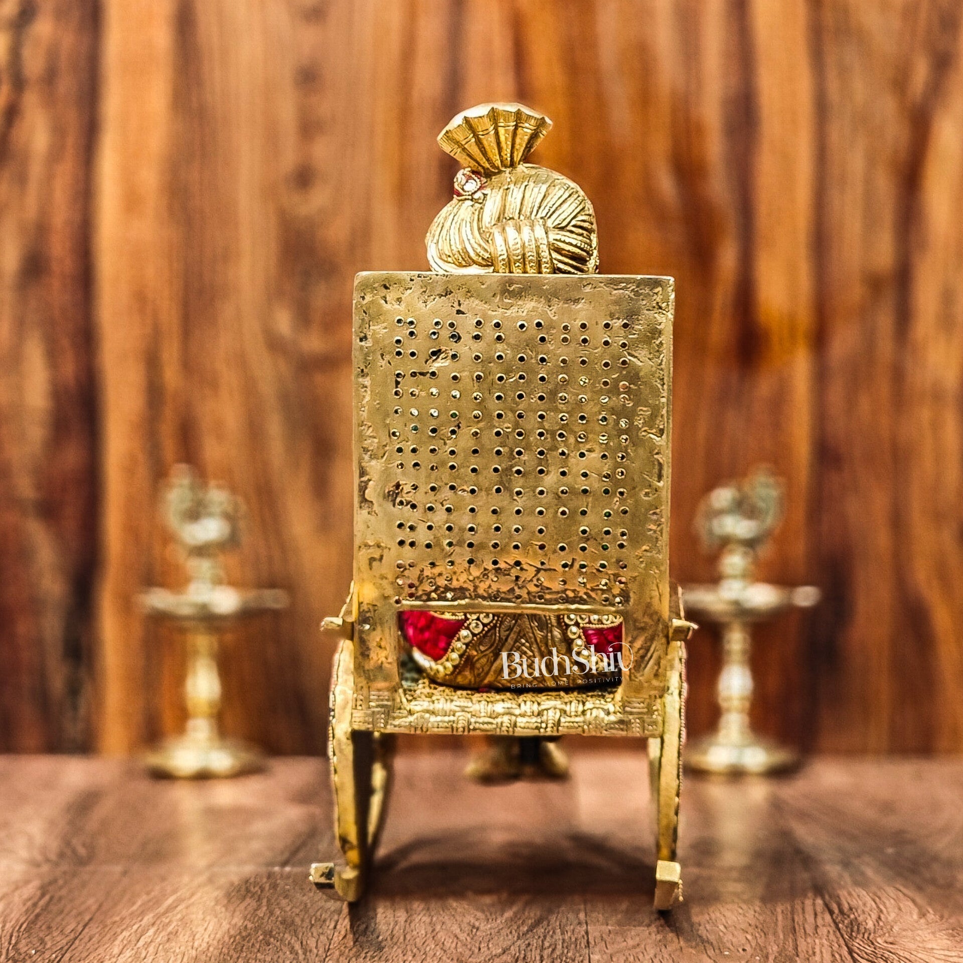 Brass reading Ganesha on Rock on Chair 17"