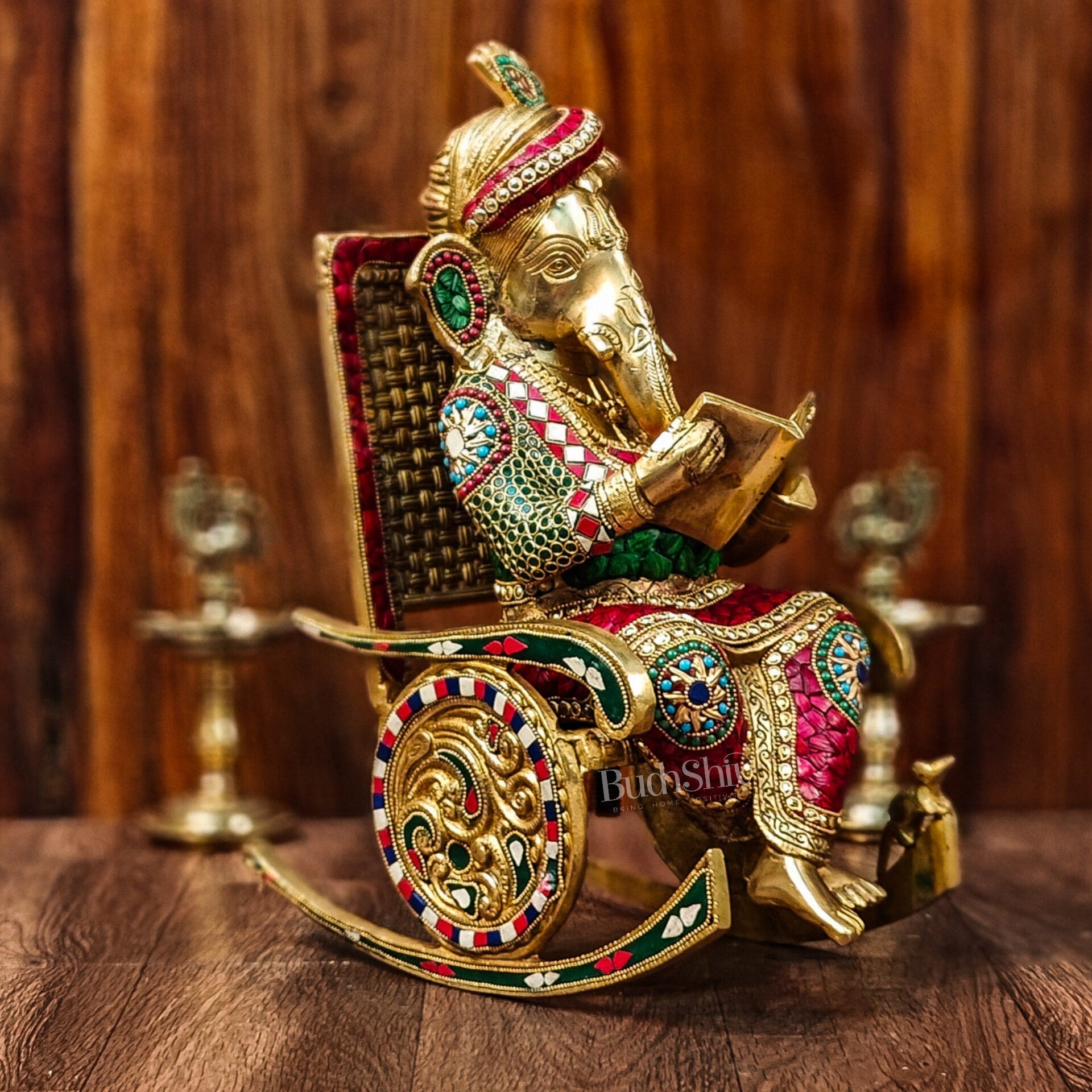 Brass reading Ganesha on Rock on Chair 17"