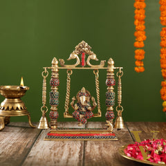 Brass Ganesha on Swing with Meenakari Stonework | Fine Craftsmanship