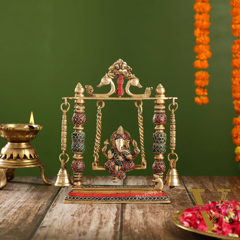 Brass Ganesha on Swing with Meenakari Stonework | Fine Craftsmanship