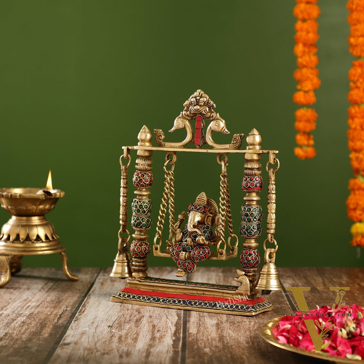 Brass Ganesha on Swing with Meenakari Stonework | Fine Craftsmanship