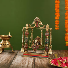 Brass Ganesha on Swing with Meenakari Stonework | Fine Craftsmanship