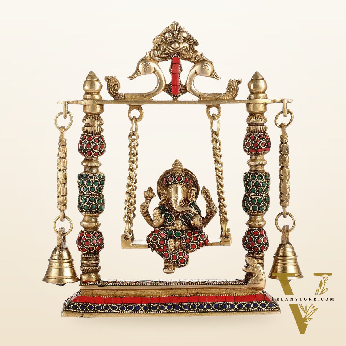 Brass Ganesha on Swing with Meenakari Stonework | Fine Craftsmanship