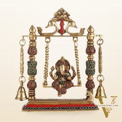 Brass Ganesha on Swing with Meenakari Stonework | Fine Craftsmanship