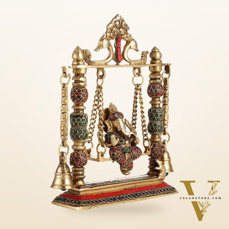 Brass Ganesha on Swing with Meenakari Stonework | Fine Craftsmanship