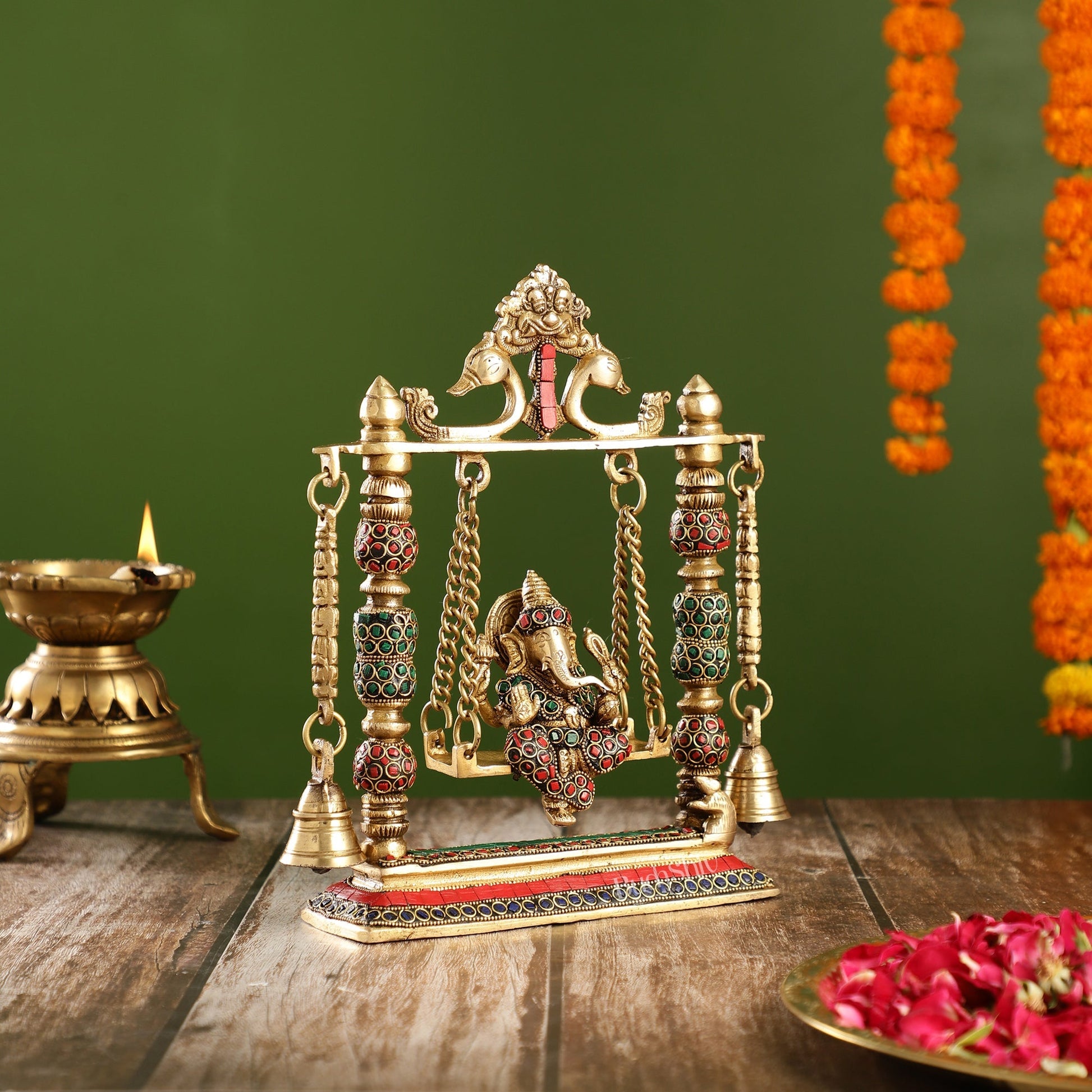 Brass Ganesha on Swing with Meenakari Stonework | Fine Craftsmanship