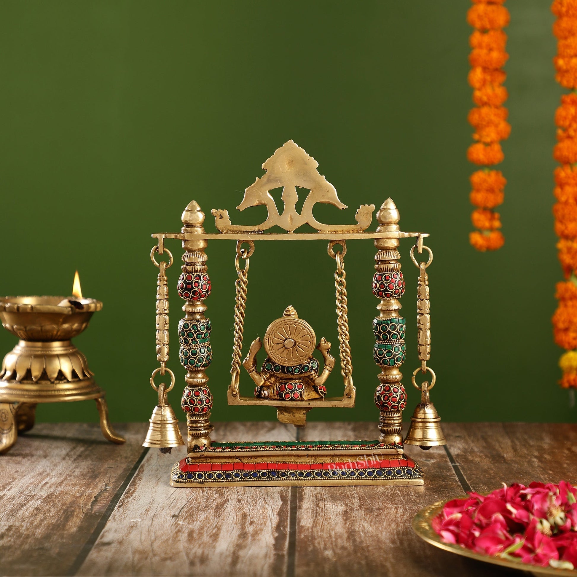 Brass Ganesha on Swing with Meenakari Stonework | Fine Craftsmanship