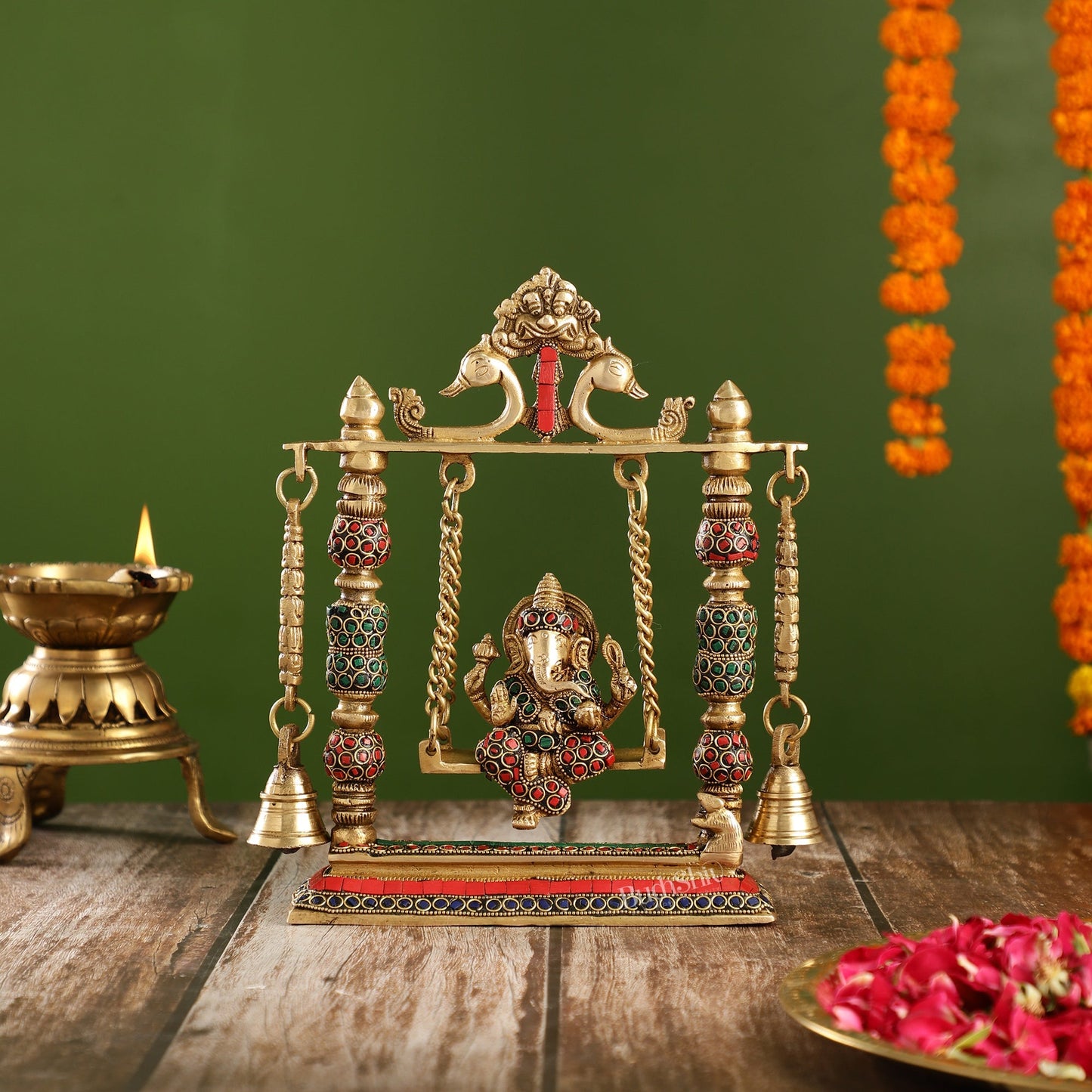 Brass Ganesha on Swing with Meenakari Stonework | Fine Craftsmanship