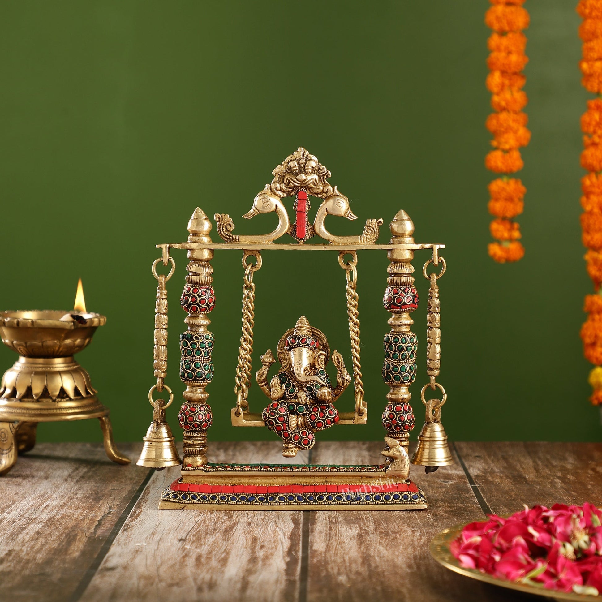 Brass Ganesha on Swing with Meenakari Stonework | Fine Craftsmanship