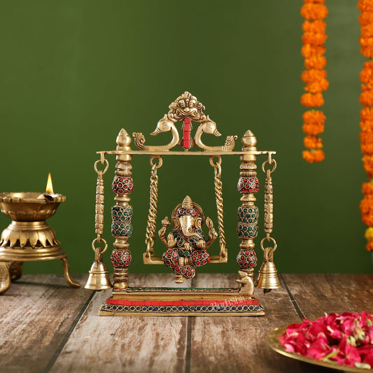 Brass Ganesha on Swing with Meenakari Stonework | Fine Craftsmanship