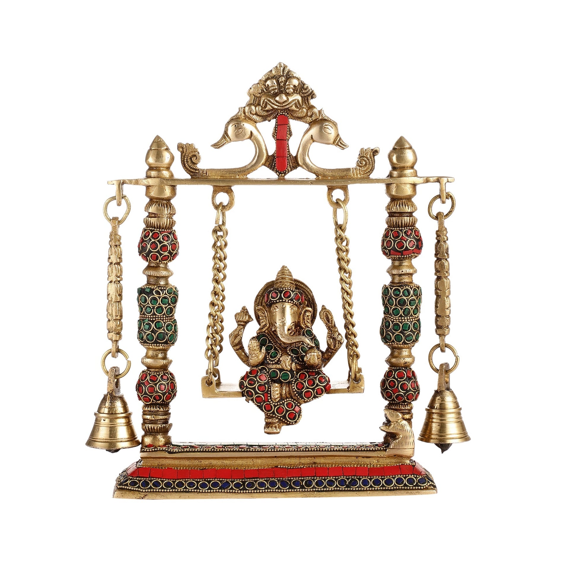 Brass Ganesha on Swing with Meenakari Stonework | Fine Craftsmanship