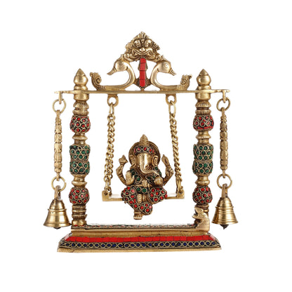 Brass Ganesha on Swing with Meenakari Stonework | Fine Craftsmanship