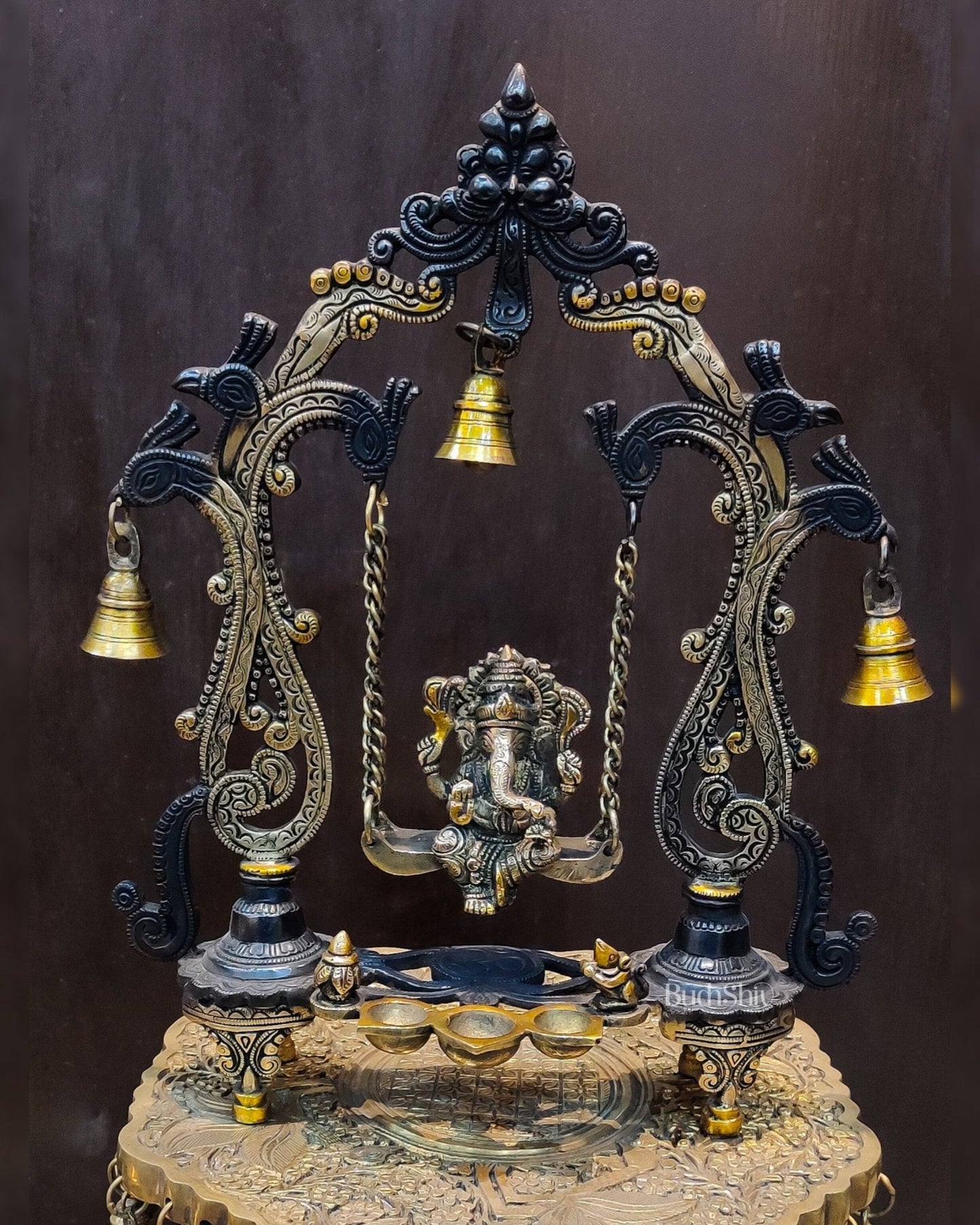 Brass Ganesha on swing with three diyas 13"