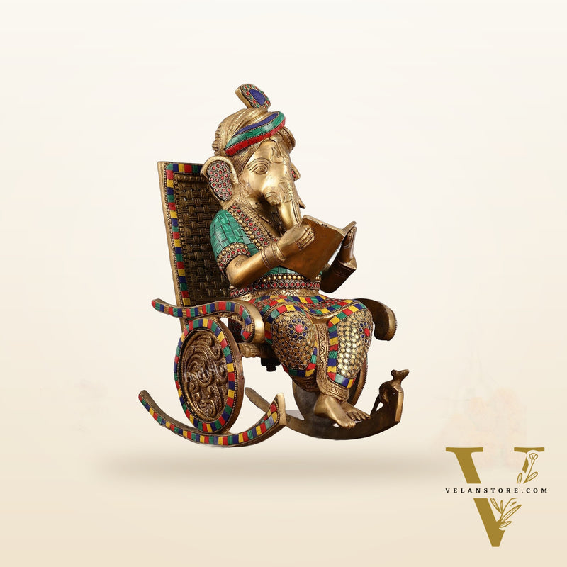 Brass Ganesha reading sitting on Chair 17"