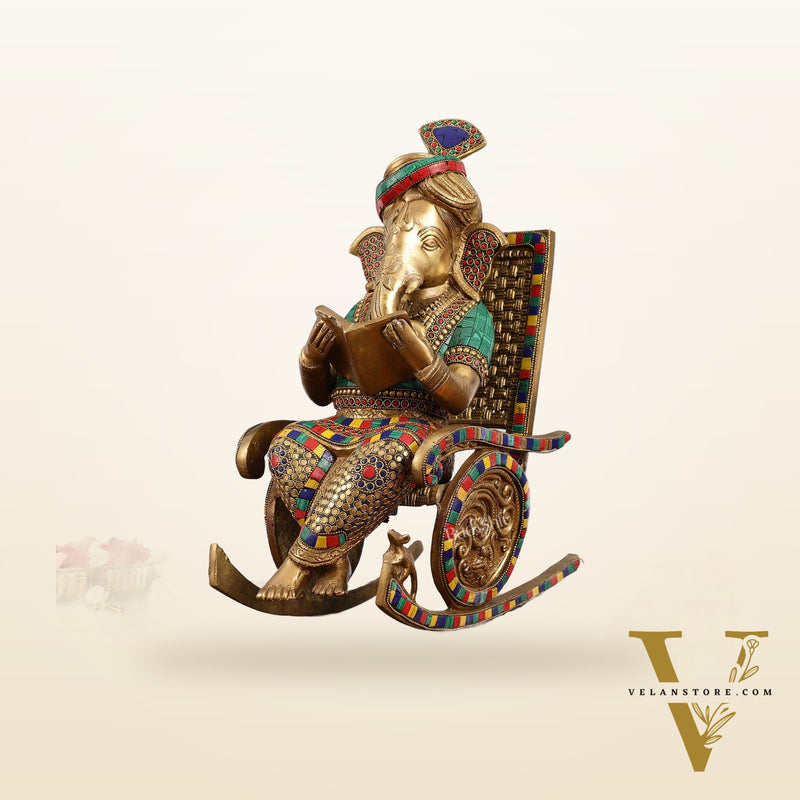 Brass Ganesha reading sitting on Chair 17"