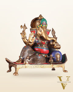 Brass Ganesha resting Statue with Stonework - 16 Inch