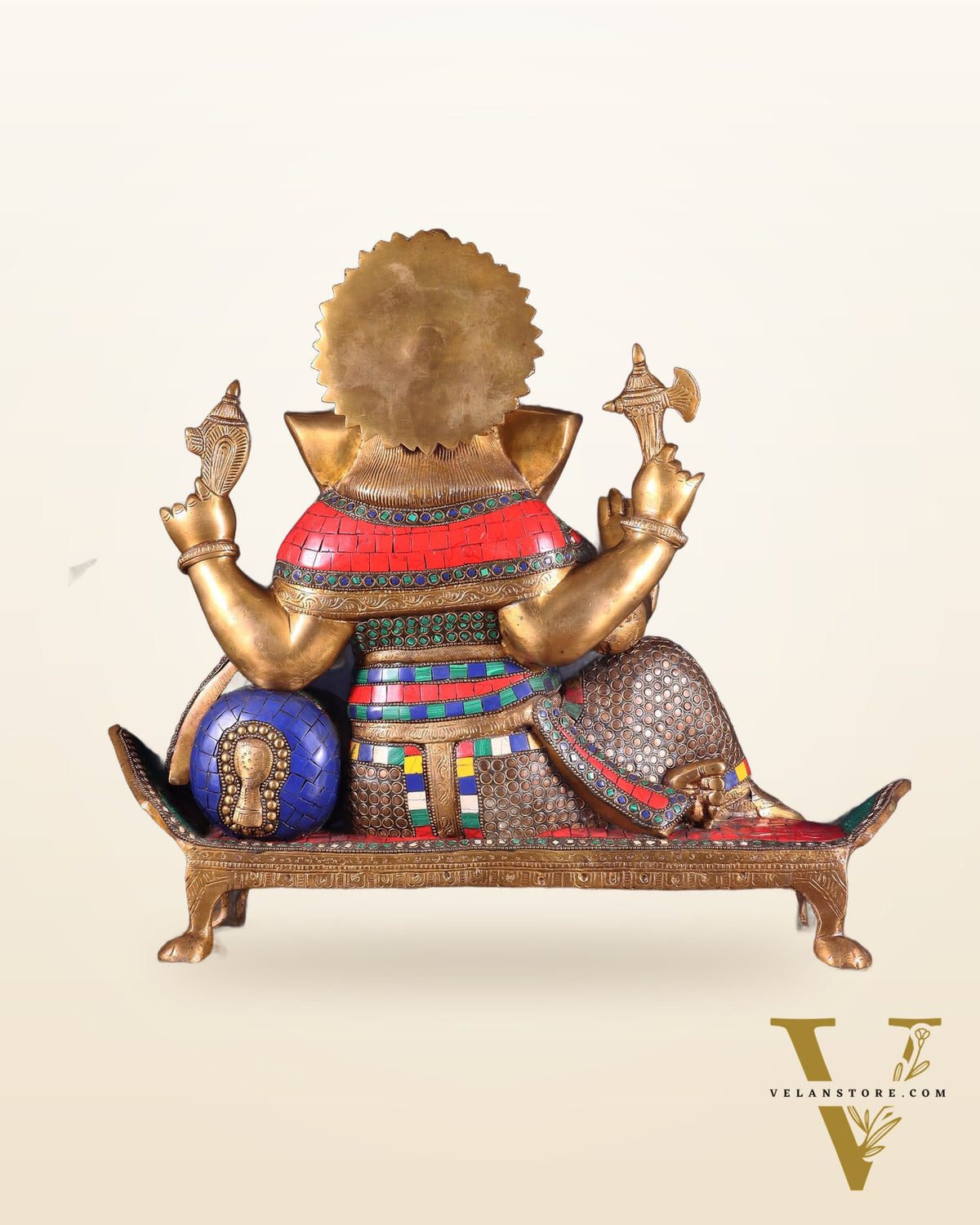 Brass Ganesha resting Statue with Stonework - 16 Inch