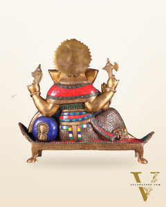 Brass Ganesha resting Statue with Stonework - 16 Inch