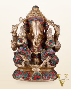 Brass Ganesha Riddhi Siddhi sculpture - 12 Inch