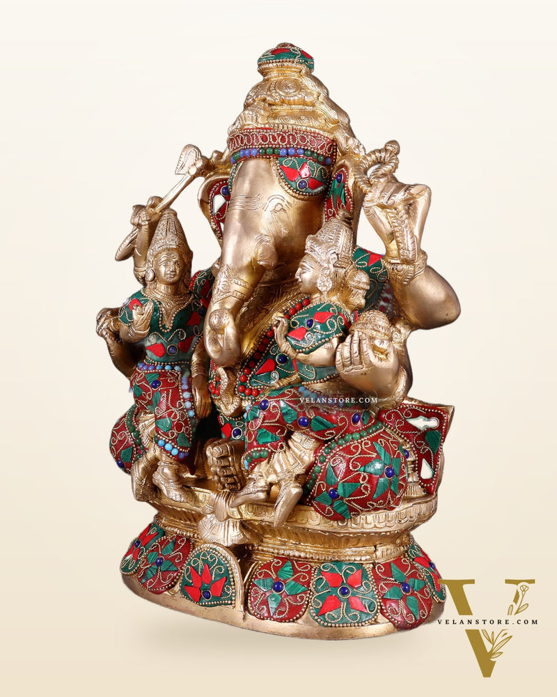 Brass Ganesha Riddhi Siddhi sculpture - 12 Inch
