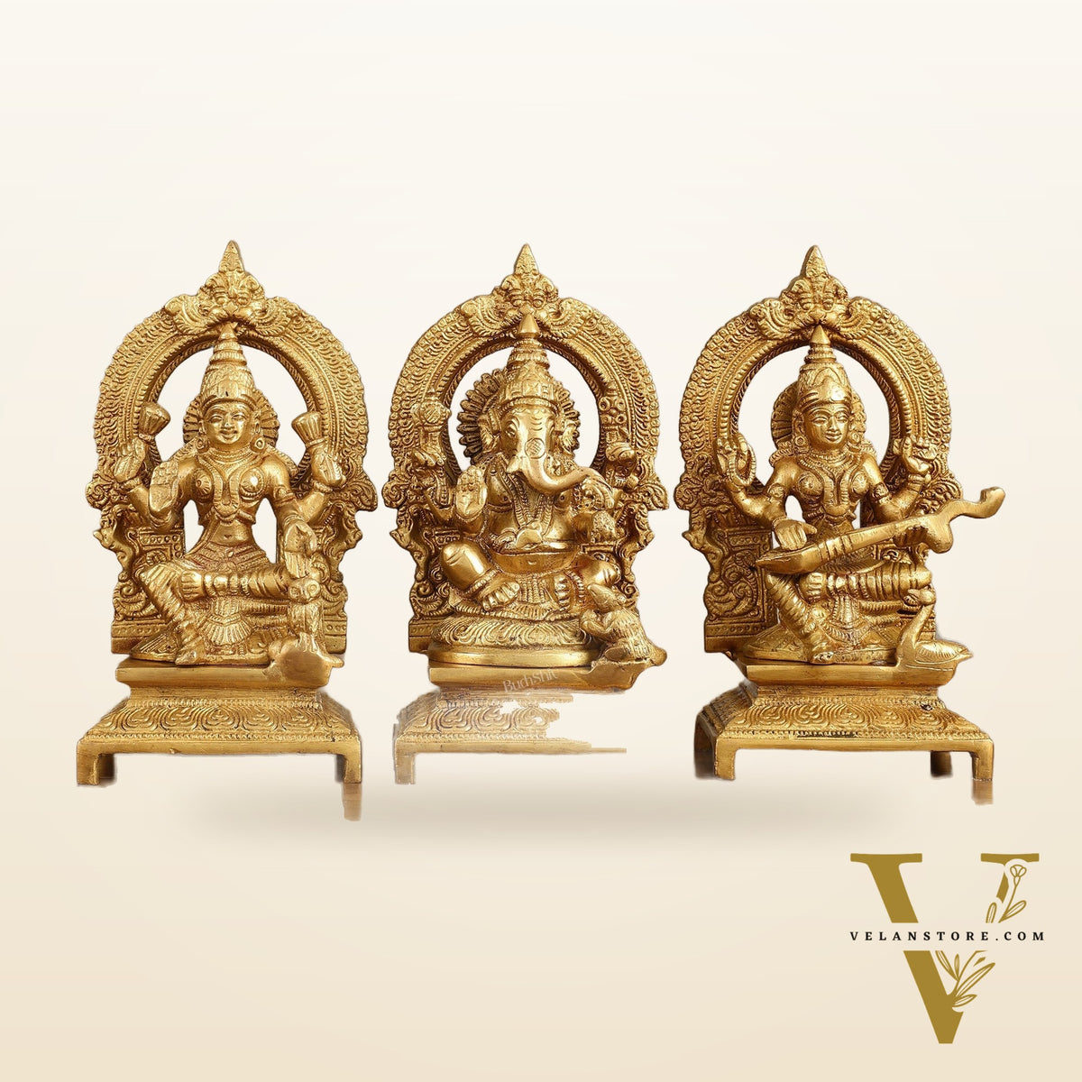 Brass Ganesha, Saraswati, Lakshmi 7.5"