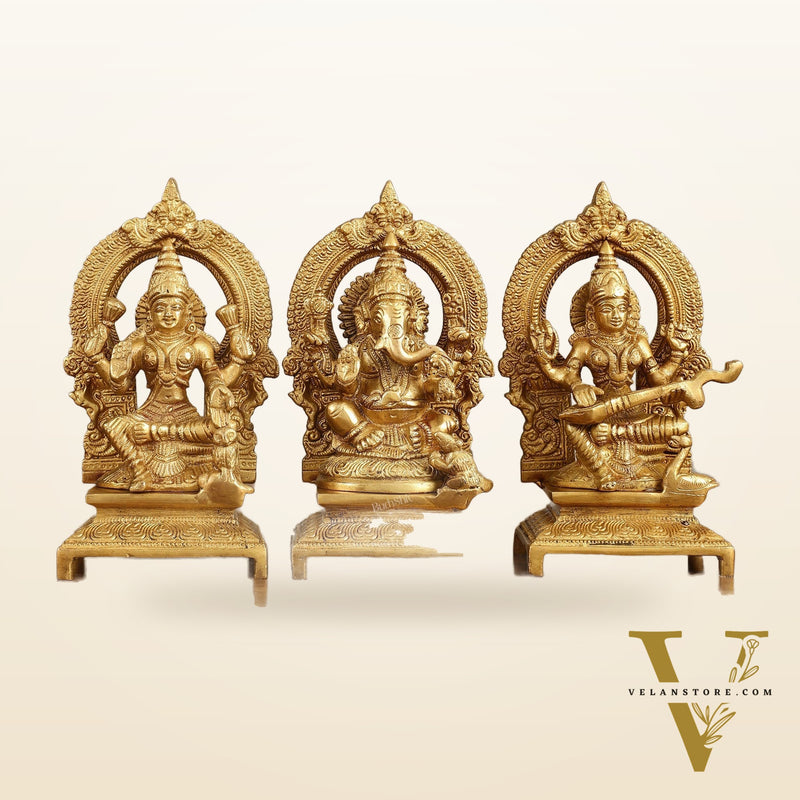 Brass Ganesha, Saraswati, Lakshmi 7.5"