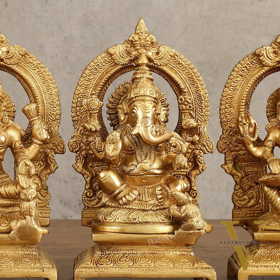 Brass Ganesha, Saraswati, Lakshmi 7.5"