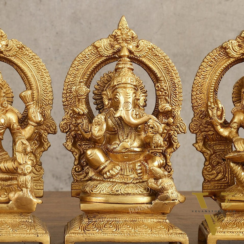 Brass Ganesha, Saraswati, Lakshmi 7.5"