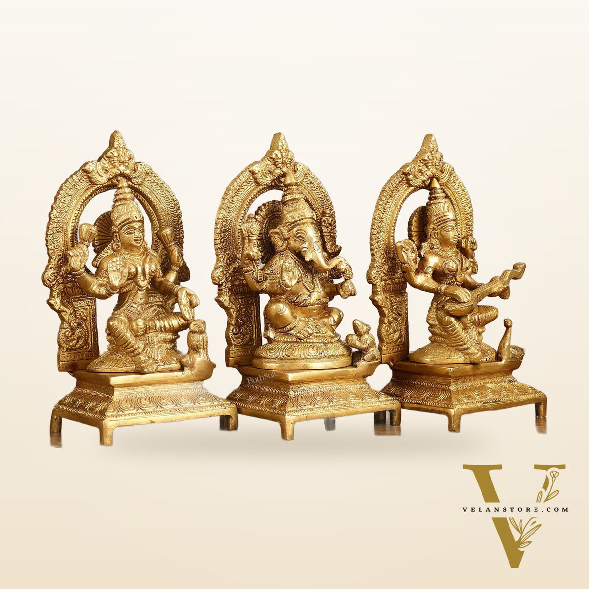 Brass Ganesha, Saraswati, Lakshmi 7.5"