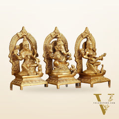 Brass Ganesha, Saraswati, Lakshmi 7.5"