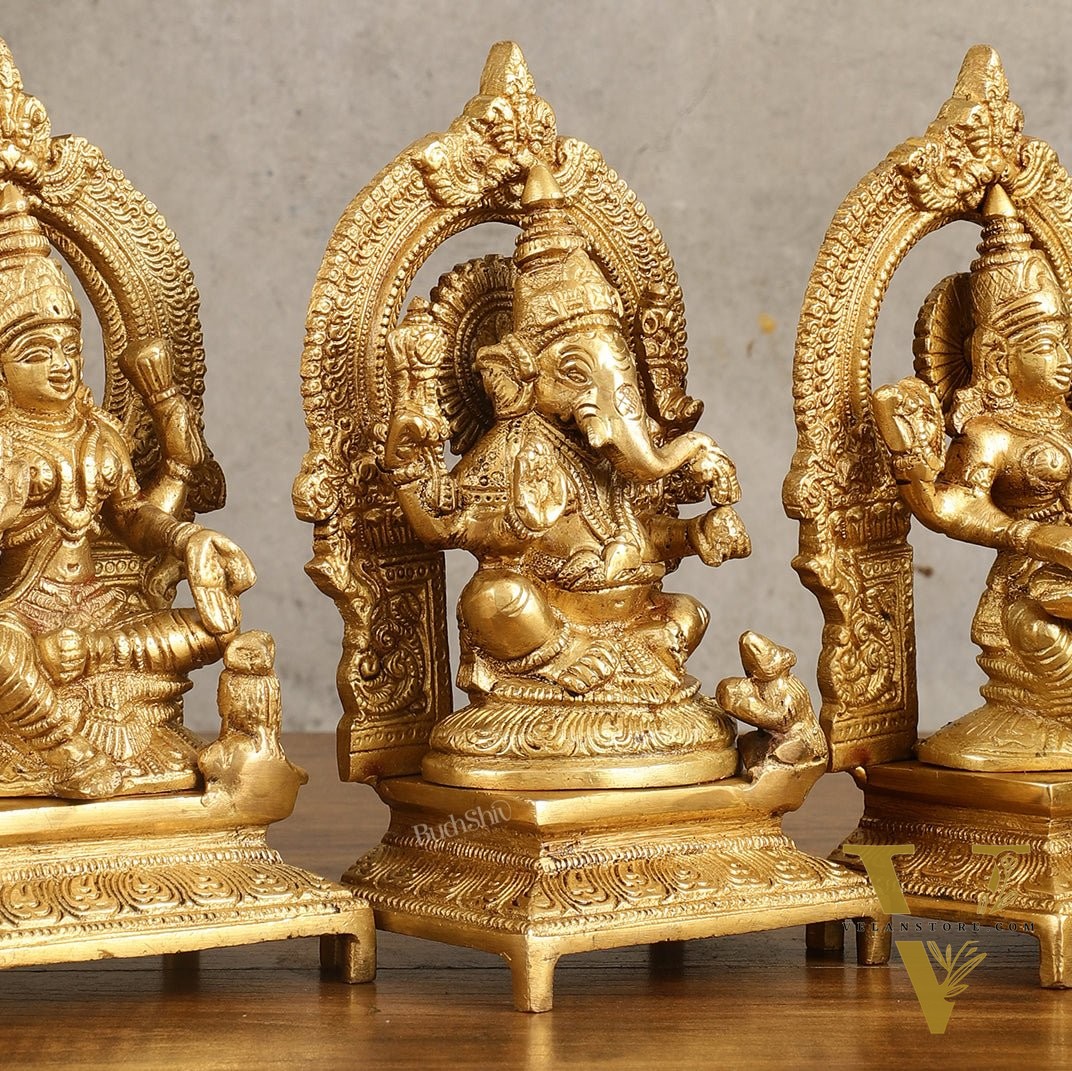 Brass Ganesha, Saraswati, Lakshmi 7.5"