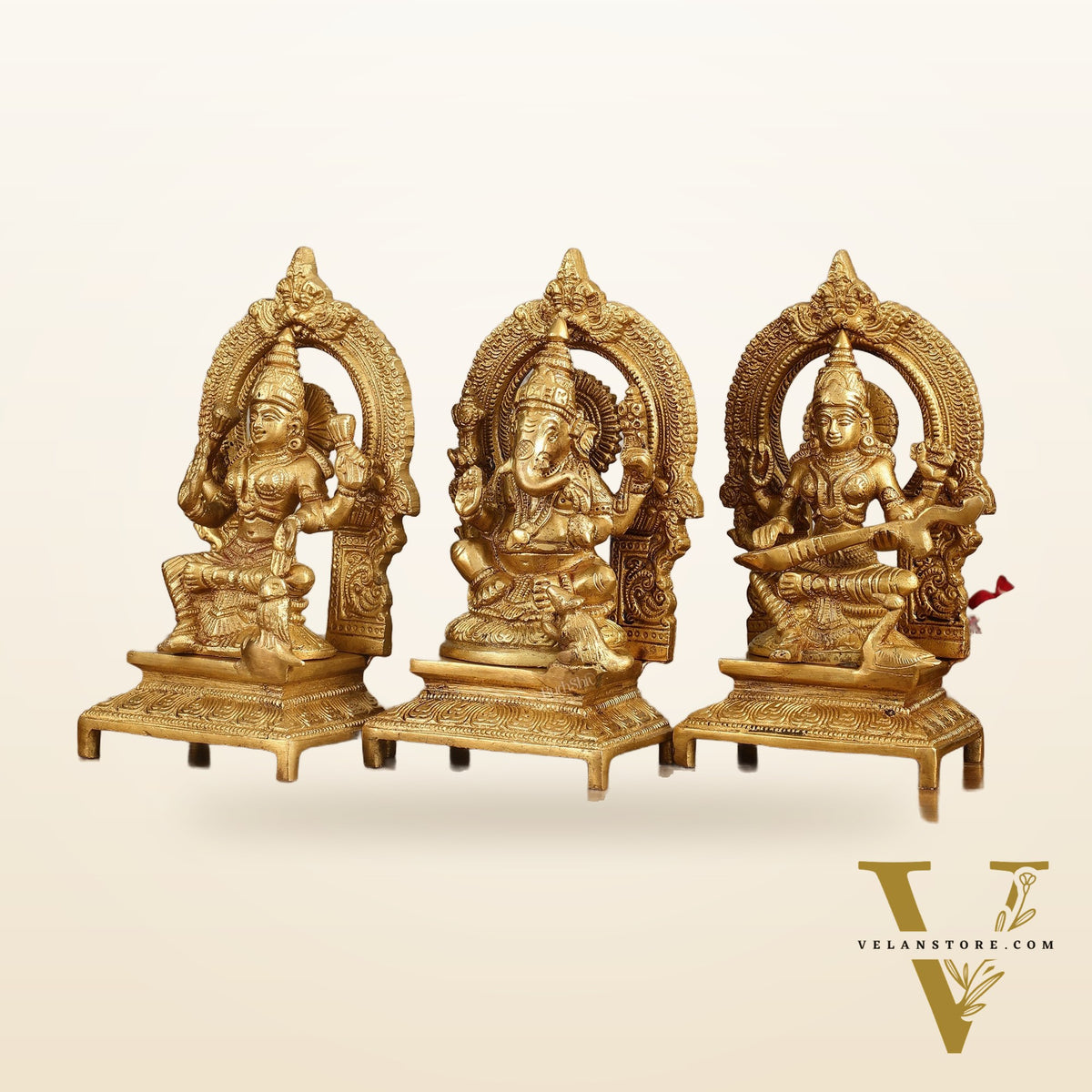 Brass Ganesha, Saraswati, Lakshmi 7.5"