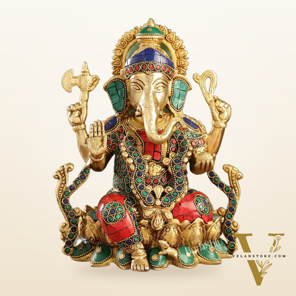Brass Ganesha Seated on Lotus Base idol with stonework | 10.5"