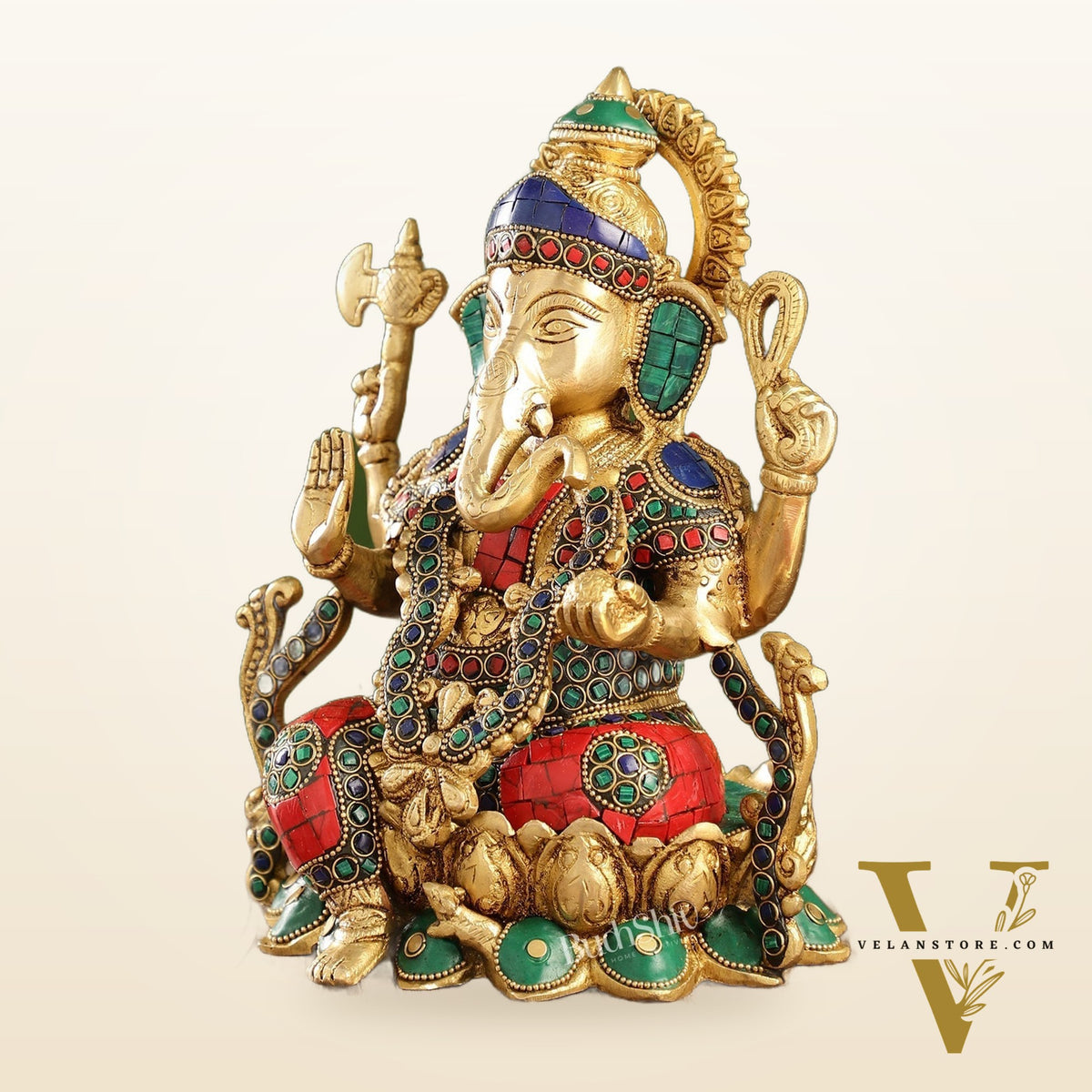 Brass Ganesha Seated on Lotus Base idol with stonework | 10.5"