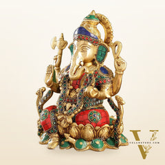 Brass Ganesha Seated on Lotus Base idol with stonework | 10.5"