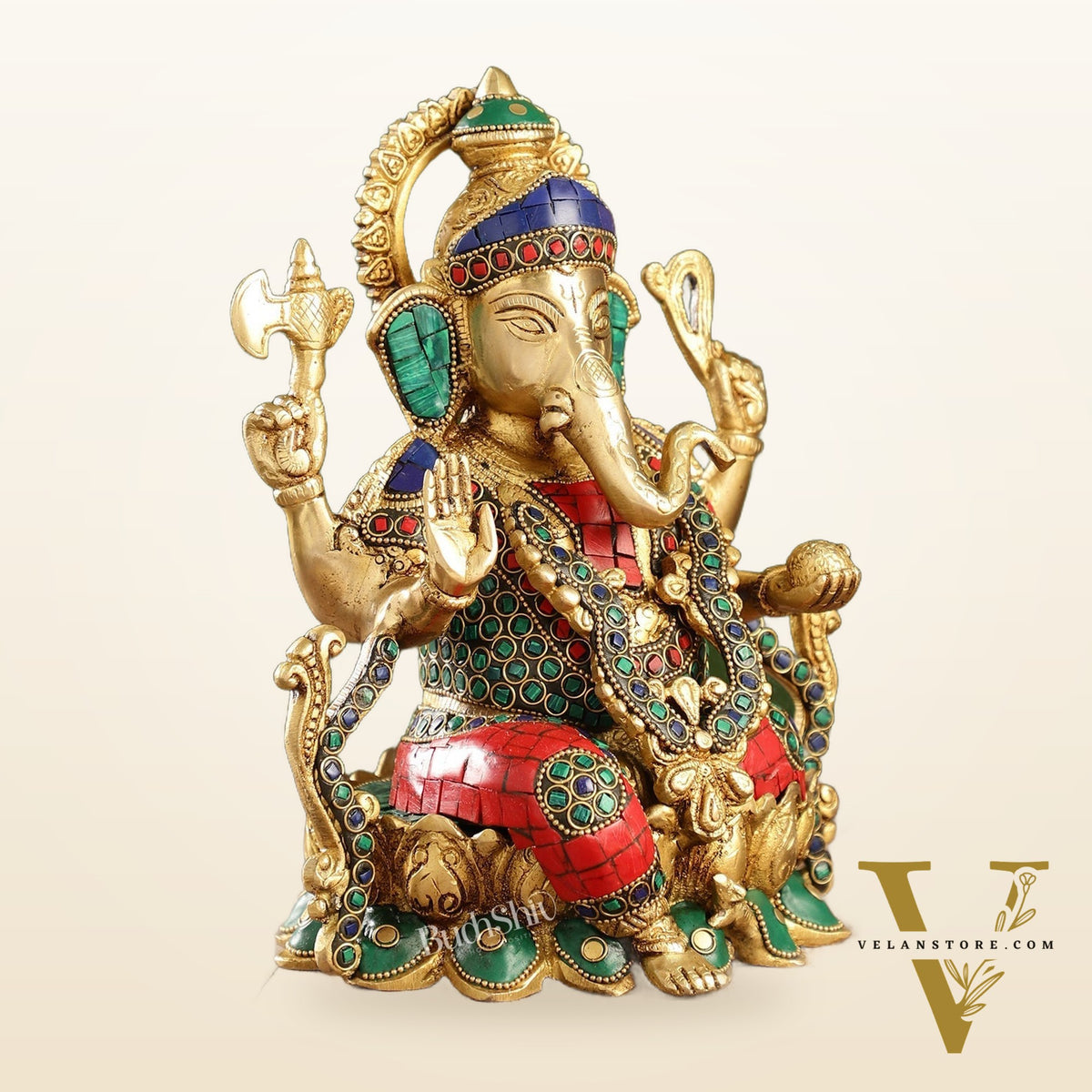 Brass Ganesha Seated on Lotus Base idol with stonework | 10.5"