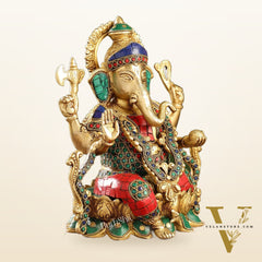 Brass Ganesha Seated on Lotus Base idol with stonework | 10.5"