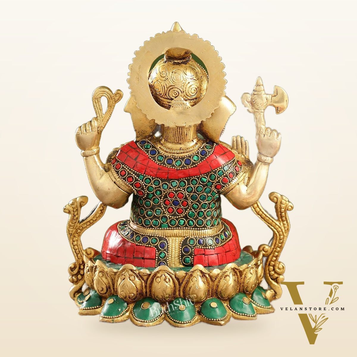 Brass Ganesha Seated on Lotus Base idol with stonework | 10.5"