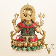 Brass Ganesha Seated on Lotus Base idol with stonework | 10.5"