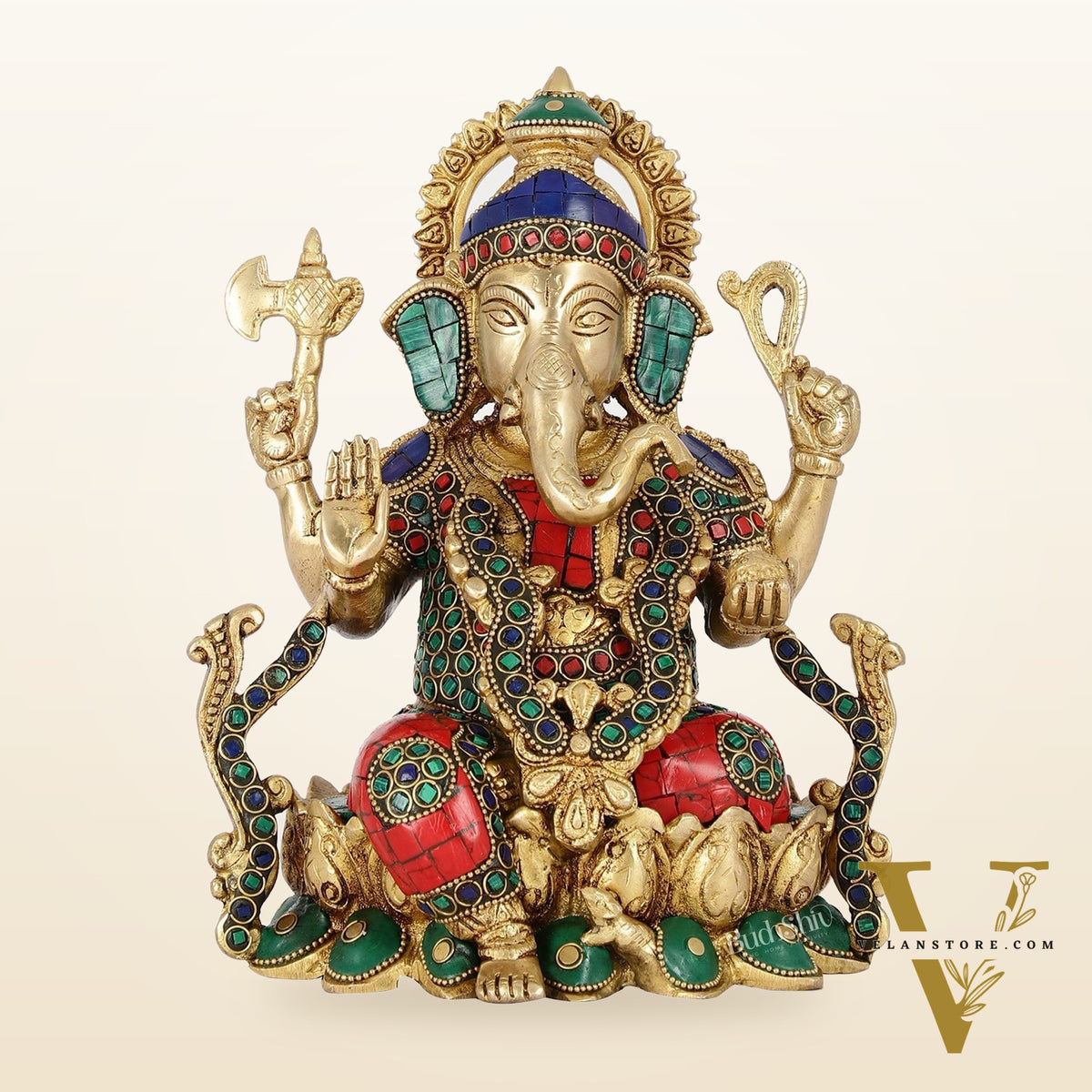 Brass Ganesha Seated on Lotus Base idol with stonework | 10.5"