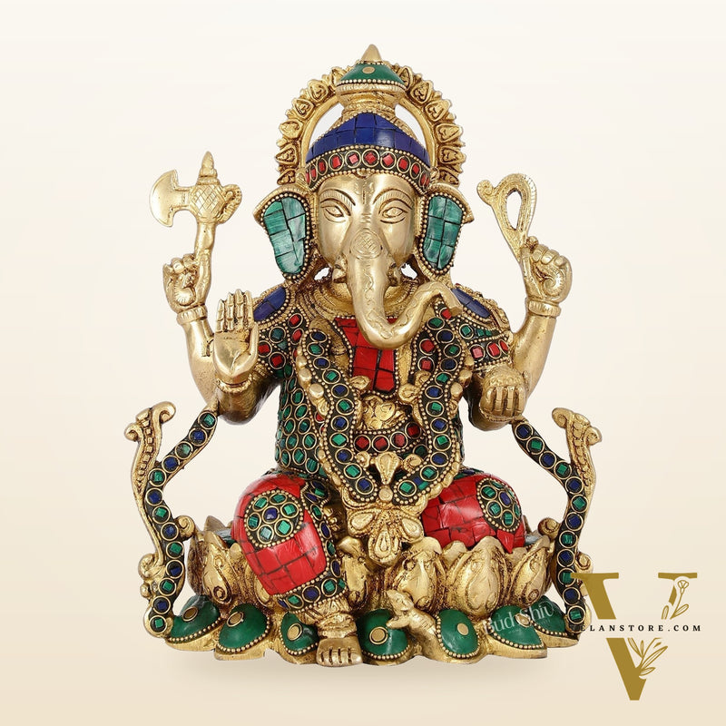 Brass Ganesha Seated on Lotus Base idol with stonework | 10.5"