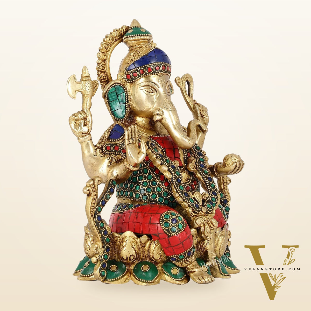 Brass Ganesha Seated on Lotus Base idol with stonework | 10.5"