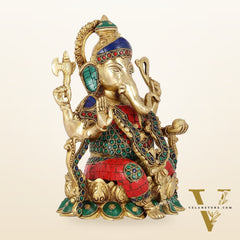 Brass Ganesha Seated on Lotus Base idol with stonework | 10.5"