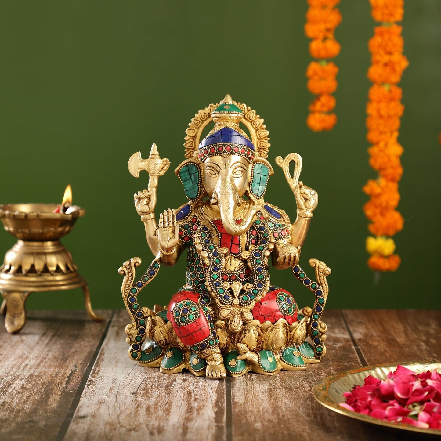 Brass Ganesha Seated on Lotus Base idol with stonework | 10.5"