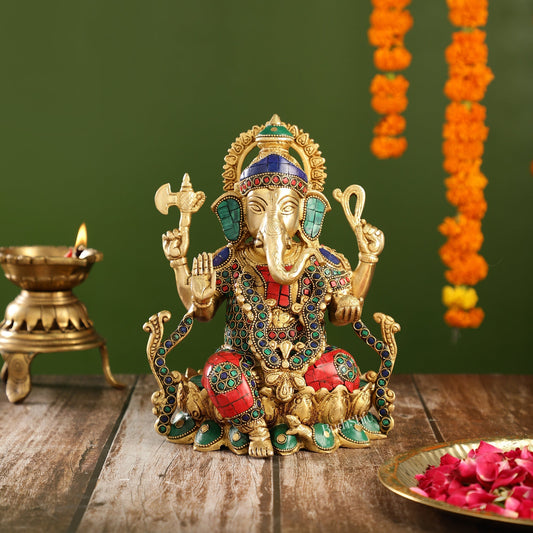 Brass Ganesha Seated on Lotus Base idol with stonework | 10.5"