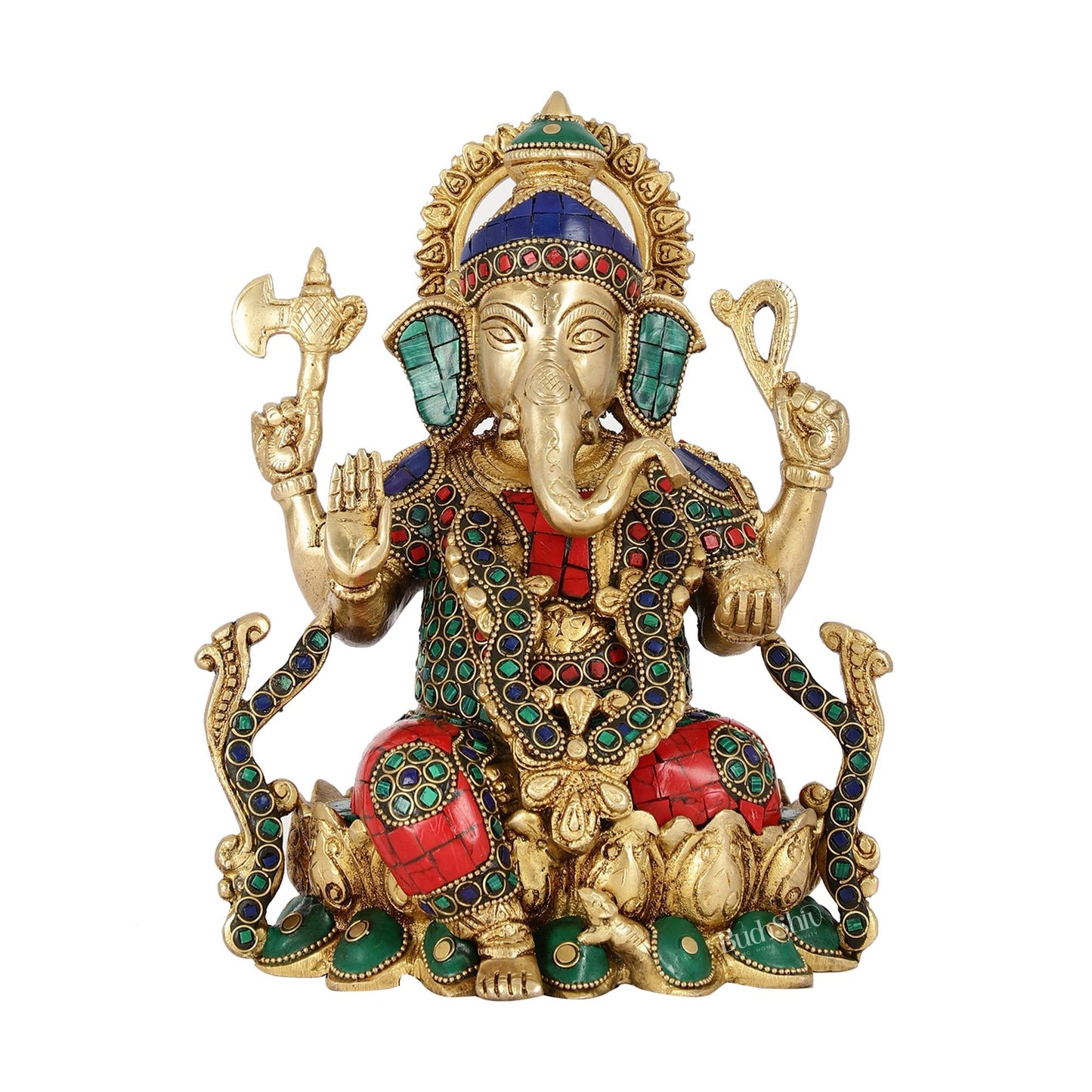 Brass Ganesha Seated on Lotus Base idol with stonework | 10.5"